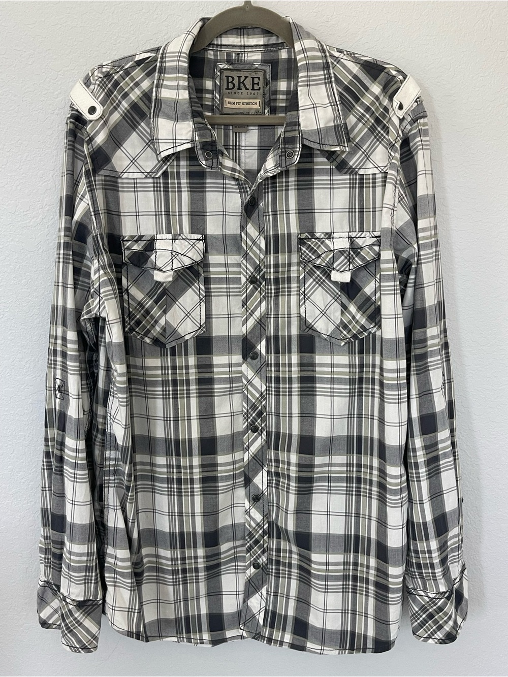 BKE Mens XL Slim Fit Stretch Plaid Western Snap Roll Tab Shirt Gray